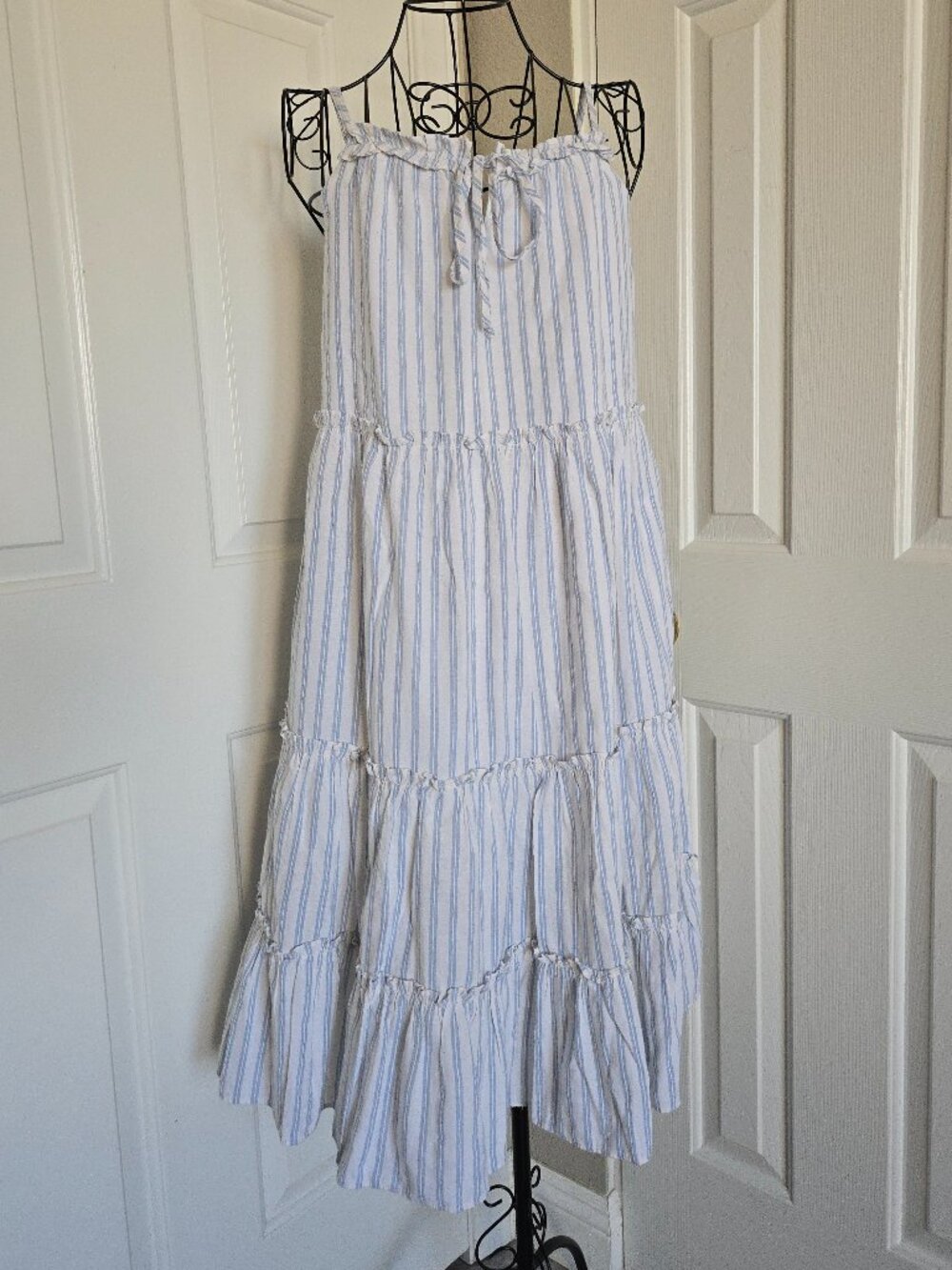 Calista Striped Tiered Cottagecore Midi Dress Small